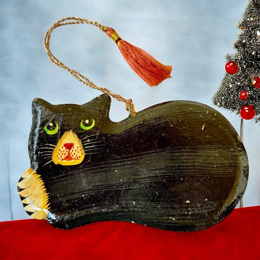 Vintage Wood Black Cat Christmas Hanging Ornament Hand Painted DOUBLE SIDED